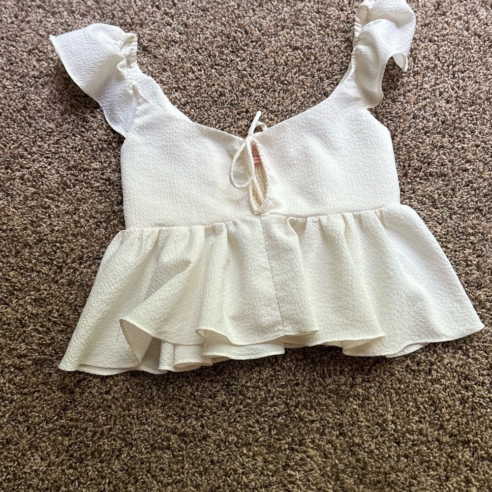 Urban Outfitters Cream Flutter Sleeve Blouse with Smocked Waist - Picture 9 of 12